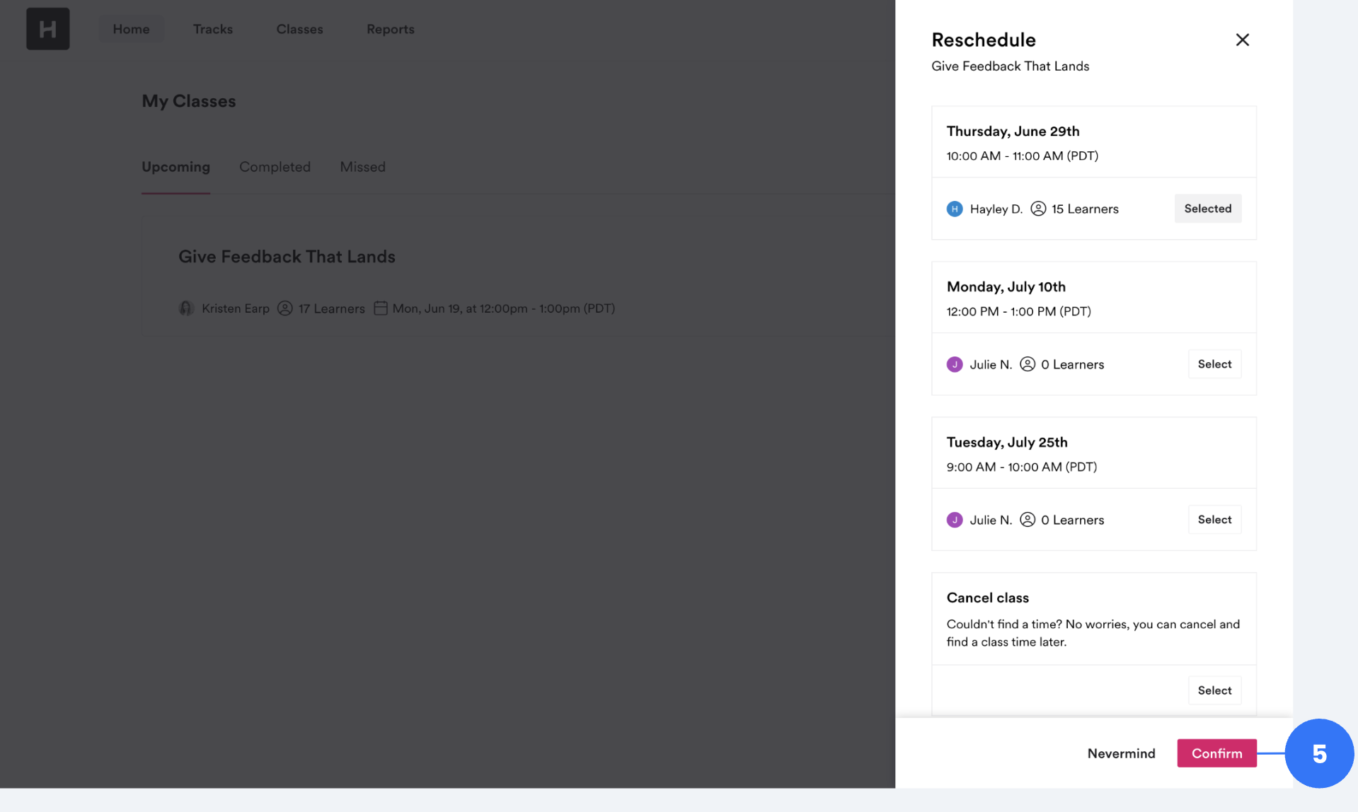 Steps to Reschedule a Class Hone Learner